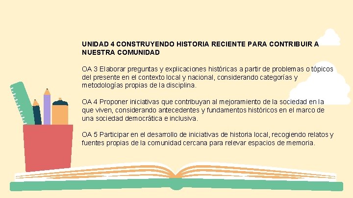 UNIDAD 4 CONSTRUYENDO HISTORIA RECIENTE PARA CONTRIBUIR A NUESTRA COMUNIDAD OA 3 Elaborar preguntas