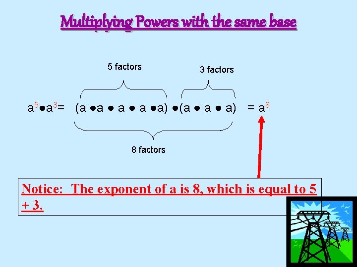 Multiplying Powers with the same base 5 factors 3 factors a 5●a 3= (a