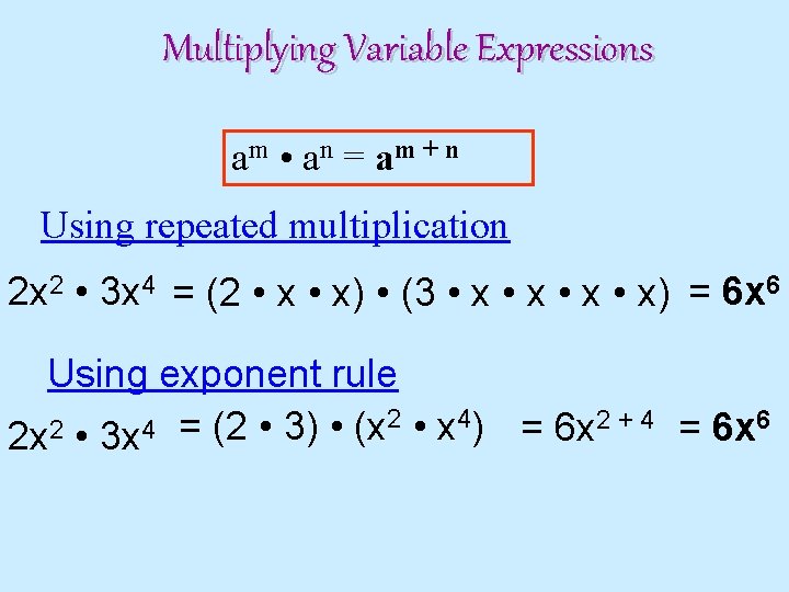 Multiplying Variable Expressions am • an = am + n Using repeated multiplication 2