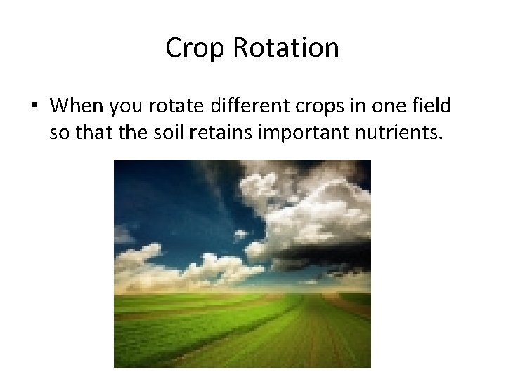Crop Rotation • When you rotate different crops in one field so that the