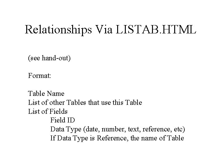 Relationships Via LISTAB. HTML (see hand-out) Format: Table Name List of other Tables that