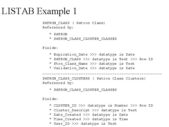 LISTAB Example 1 PATRON_CLASS ( Patron Class) Referenced by: * PATRON_CLASS_CLUSTER_CLASSES Fields: * *