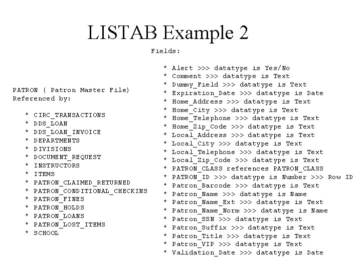 LISTAB Example 2 Fields: PATRON ( Patron Master File) Referenced by: * * *