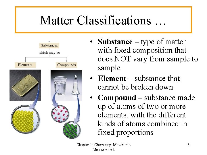 Matter Classifications … • Substance – type of matter with fixed composition that does