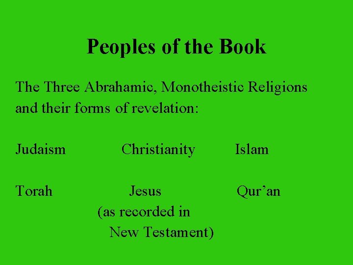 Peoples of the Book The Three Abrahamic, Monotheistic Religions and their forms of revelation: