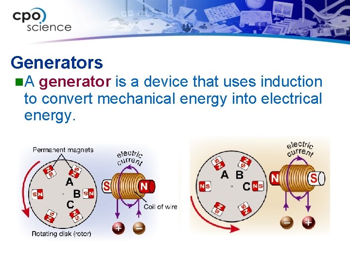 Generators n. A generator is a device that uses induction to convert mechanical energy