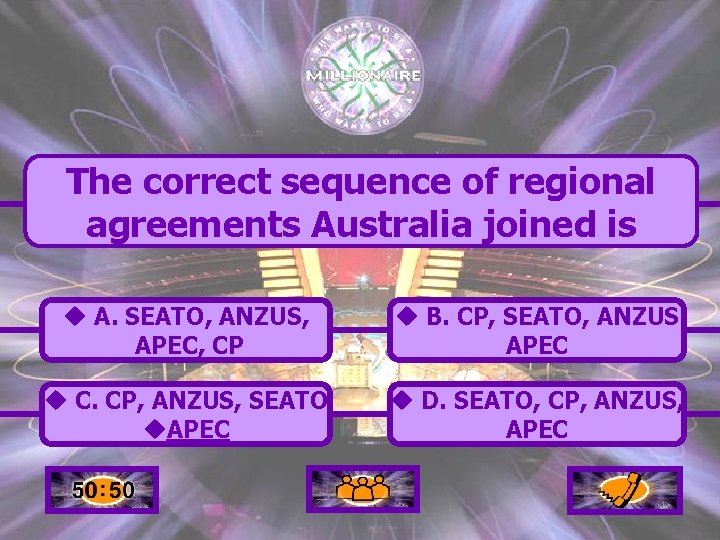 The correct sequence of regional agreements Australia joined is u A. SEATO, ANZUS, APEC,