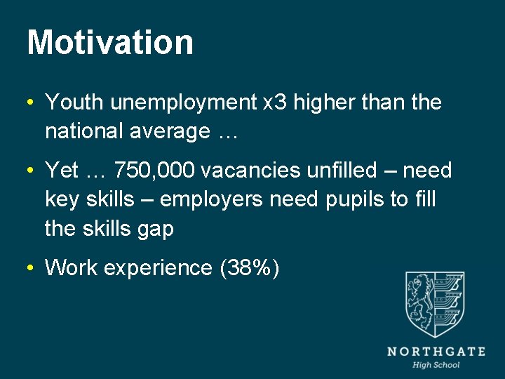 Motivation • Youth unemployment x 3 higher than the national average … • Yet