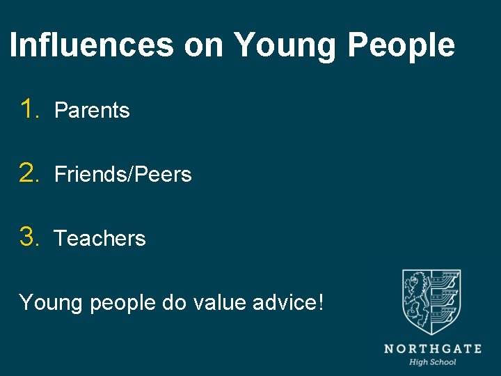 Influences on Young People 1. Parents 2. Friends/Peers 3. Teachers Young people do value