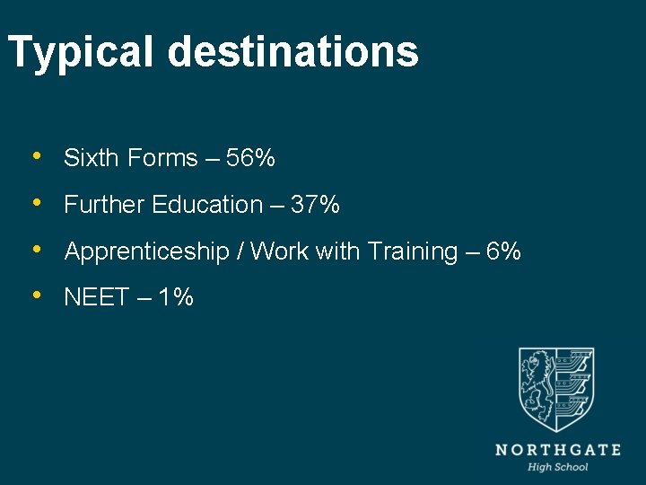 Typical destinations • Sixth Forms – 56% • Further Education – 37% • Apprenticeship