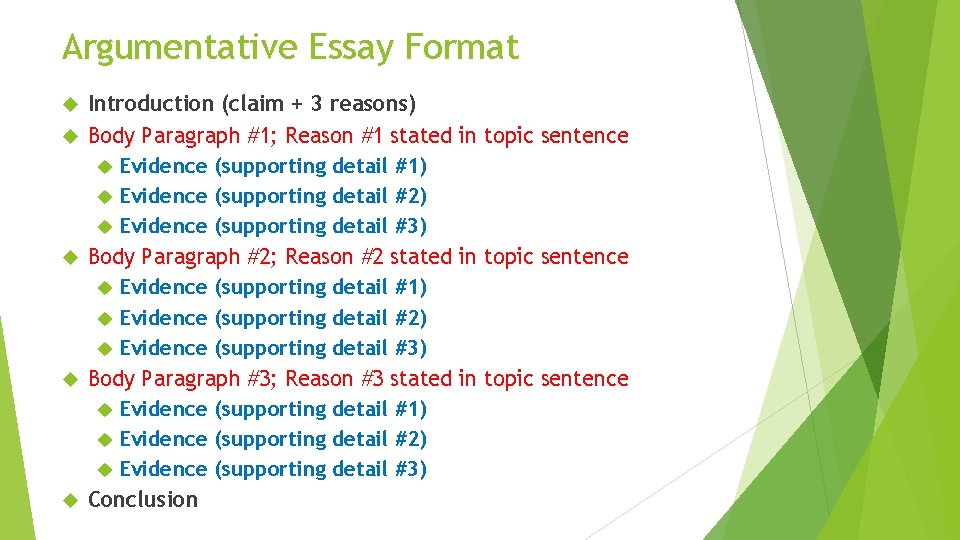 Argumentative Essay Format Introduction (claim + 3 reasons) Body Paragraph #1; Reason #1 stated Argumentative Essay Format Introduction (claim + 3 reasons) Body Paragraph #1; Reason #1 stated