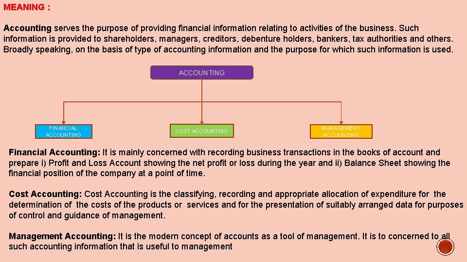 MEANING : Accounting serves the purpose of providing financial information relating to activities of