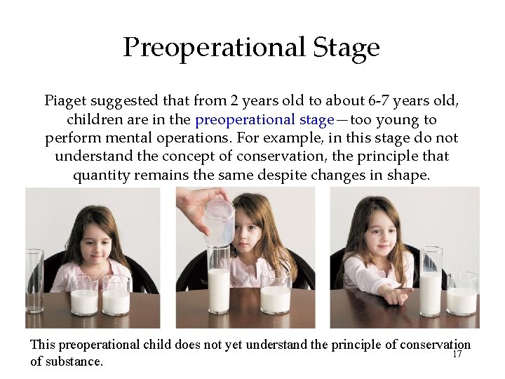 Preoperational Stage Piaget suggested that from 2 years old to about 6 -7 years