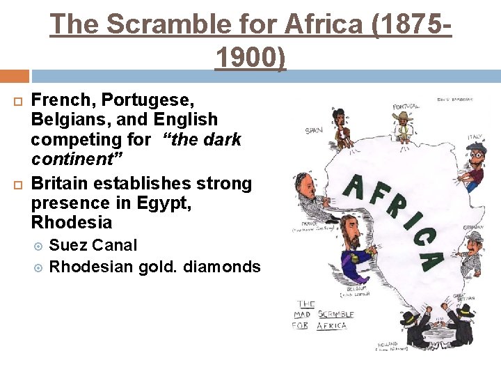 The Scramble for Africa (18751900) French, Portugese, Belgians, and English competing for “the dark