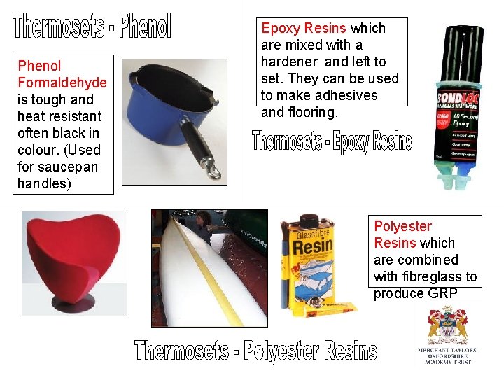 Phenol Formaldehyde is tough and heat resistant often black in colour. (Used for saucepan Phenol Formaldehyde is tough and heat resistant often black in colour. (Used for saucepan