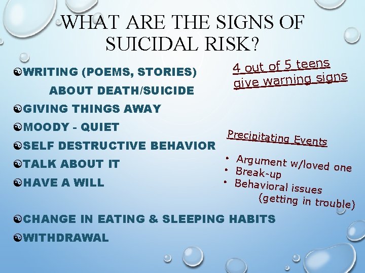 WHAT ARE THE SIGNS OF SUICIDAL RISK? [WRITING (POEMS, STORIES) ABOUT DEATH/SUICIDE s n