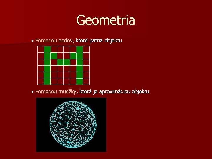 Geometria · Pomocou bodov, ktoré patria objektu · Pomocou mriežky, ktorá je aproximáciou objektu