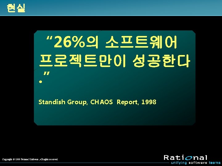 현실 “ 26%의 소프트웨어 프로젝트만이 성공한다. ” Standish Group, CHAOS Report, 1998 Copyright Ó