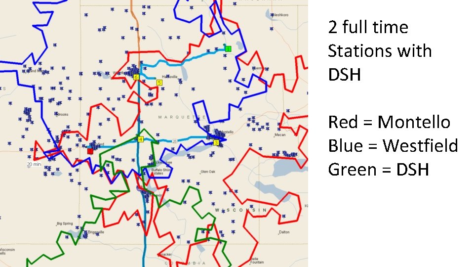 2 full time Stations with DSH Red = Montello Blue = Westfield Green =