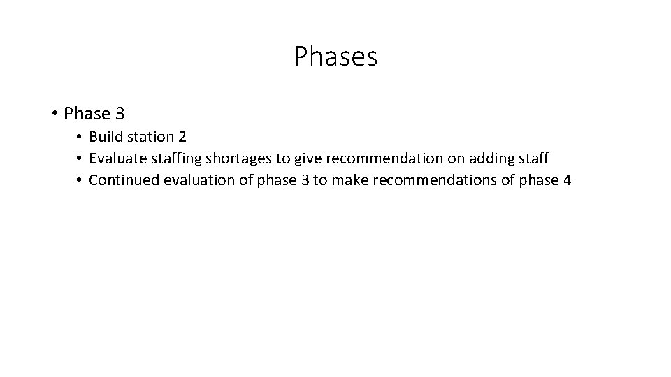 Phases • Phase 3 • Build station 2 • Evaluate staffing shortages to give