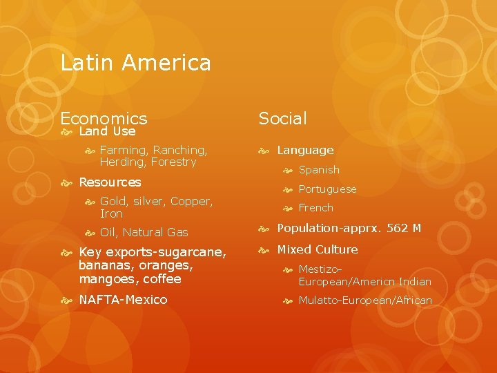 Latin America Economics Land Use Farming, Ranching, Herding, Forestry Resources Gold, silver, Copper, Iron