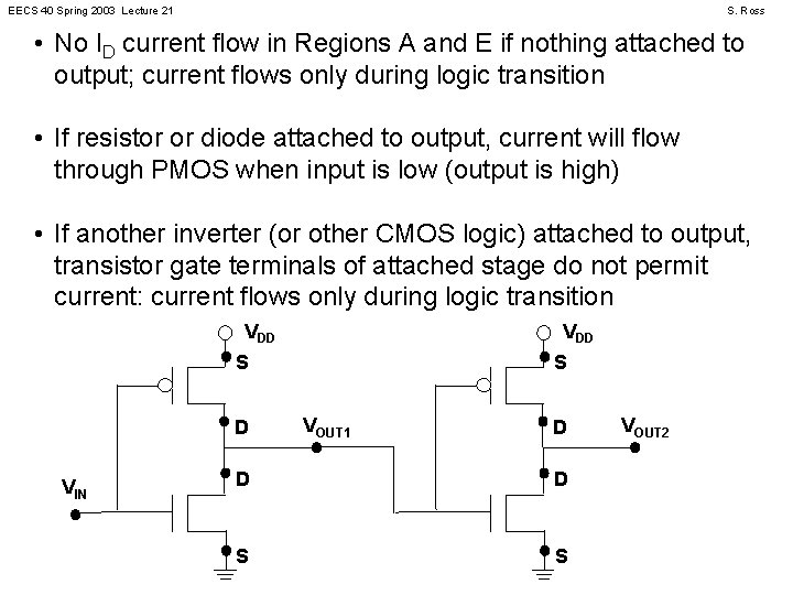 EECS 40 Spring 2003 Lecture 21 S. Ross • No ID current flow in