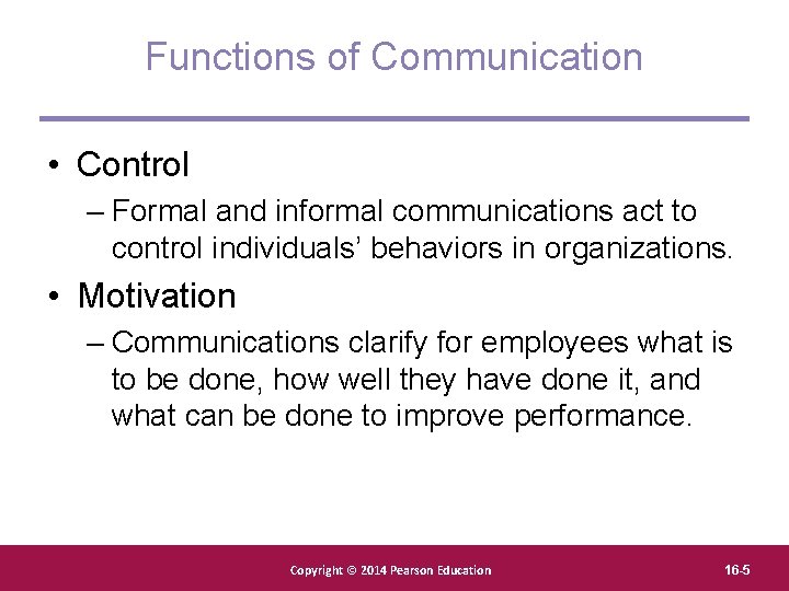 Functions of Communication • Control – Formal and informal communications act to control individuals’
