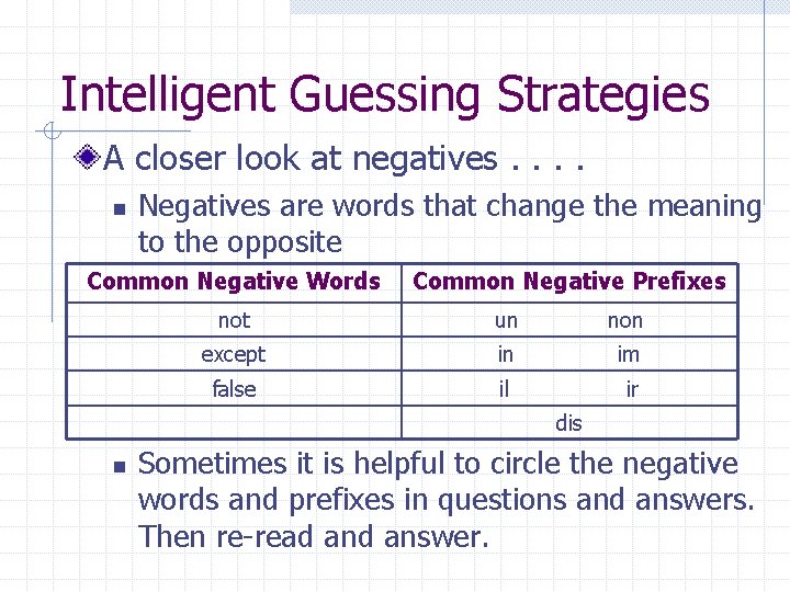 Intelligent Guessing Strategies A closer look at negatives. . n Negatives are words that