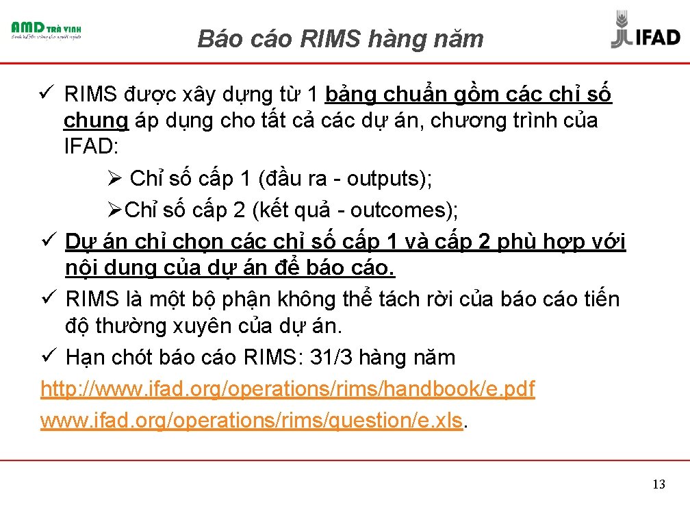 Báo cáo RIMS hàng năm ü RIMS được xây dựng từ 1 bảng chuẩn