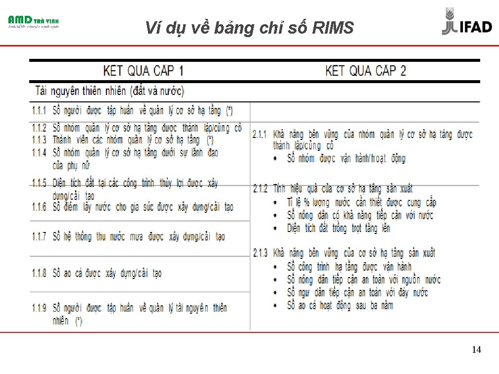 Ví dụ về bảng chỉ số RIMS 14 