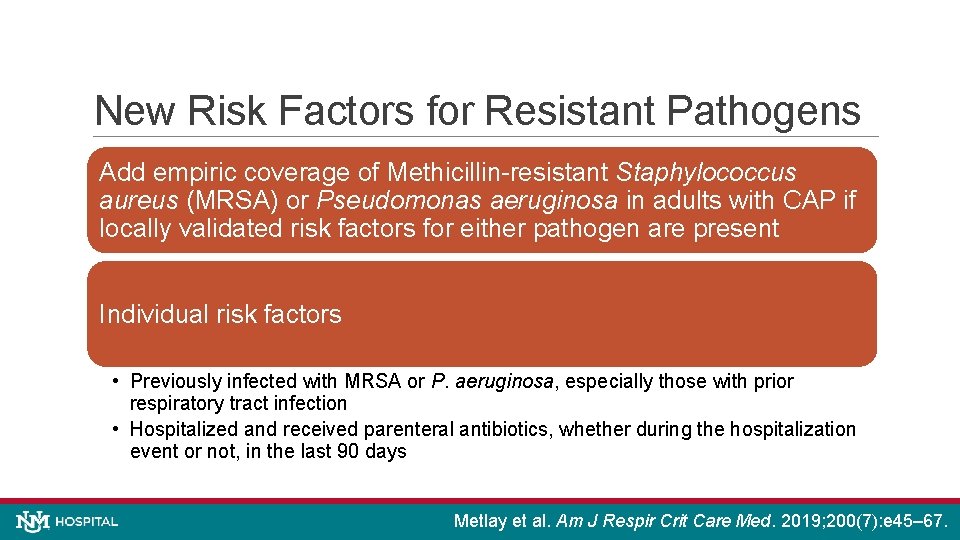New Risk Factors for Resistant Pathogens Add empiric coverage of Methicillin-resistant Staphylococcus aureus (MRSA)