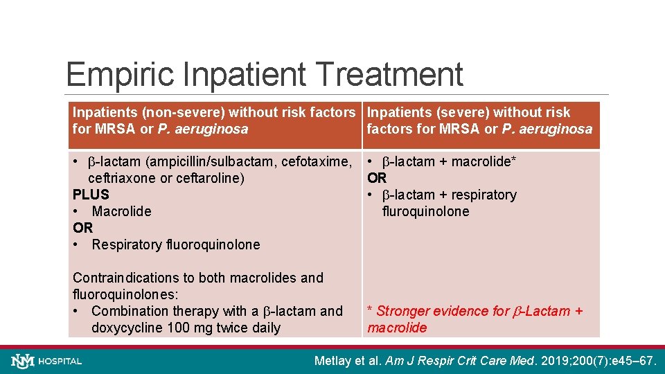 Empiric Inpatient Treatment Inpatients (non-severe) without risk factors Inpatients (severe) without risk for MRSA