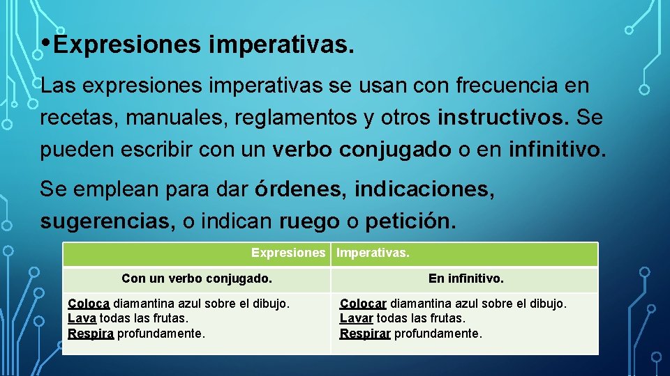  • Expresiones imperativas. Las expresiones imperativas se usan con frecuencia en recetas, manuales,