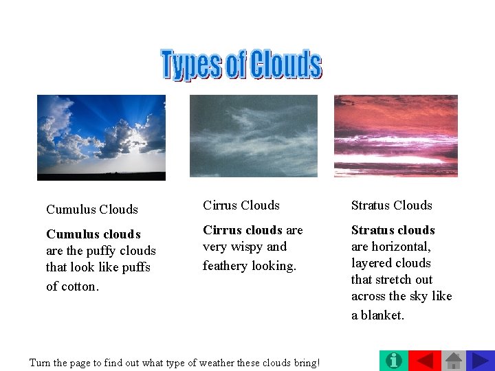 Cumulus Clouds Cirrus Clouds Stratus Clouds Cumulus clouds are the puffy clouds that look