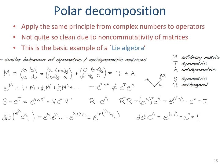 Polar decomposition • Apply the same principle from complex numbers to operators • Not