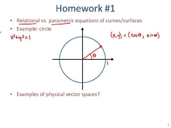 Homework #1 • Relational vs. parametric equations of curves/surfaces • Example: circle • Examples