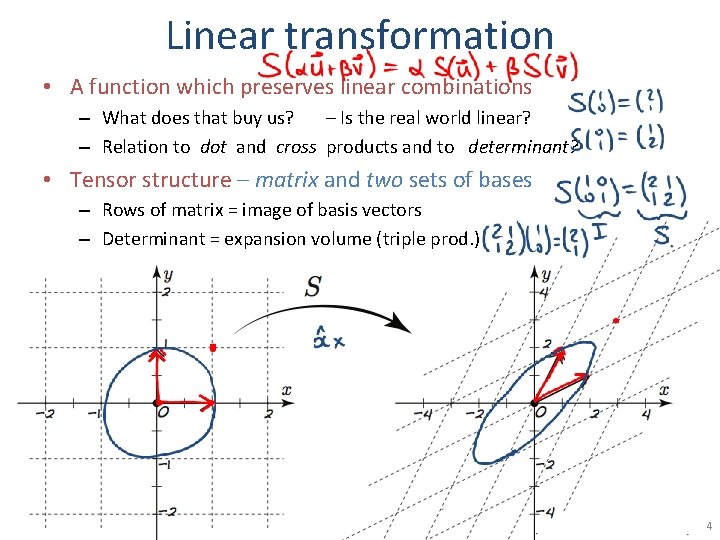 Linear transformation • A function which preserves linear combinations – What does that buy