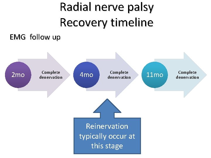 Radial nerve palsy Recovery timeline EMG follow up 2 mo Complete denervation 4 mo
