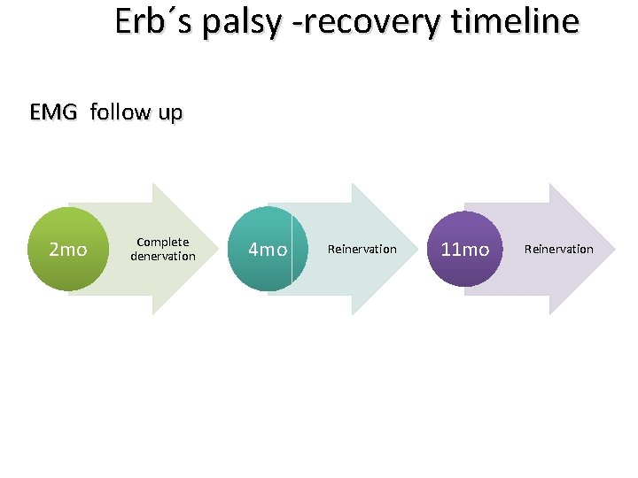 Erb´s palsy -recovery timeline EMG follow up 2 mo Complete denervation 4 mo Reinervation