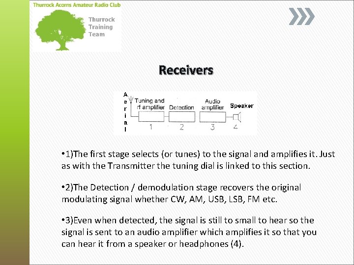 Receivers • 1)The first stage selects (or tunes) to the signal and amplifies it.