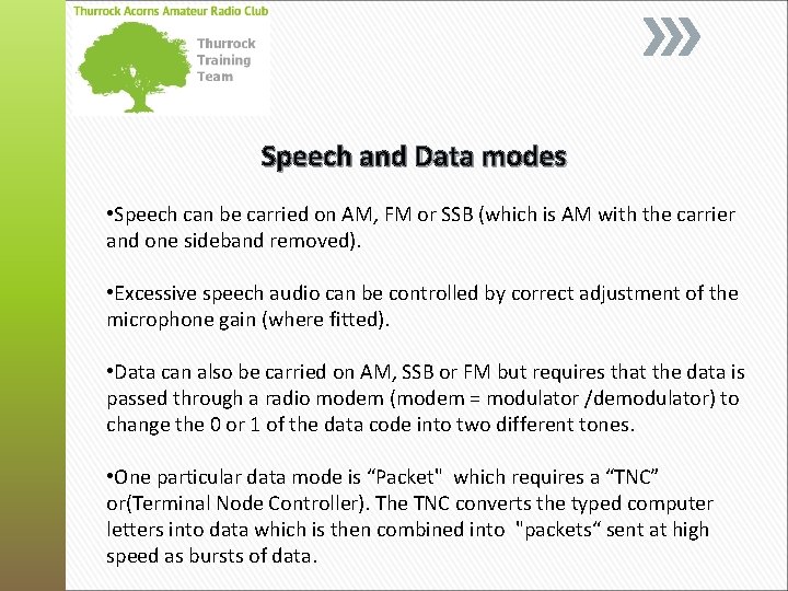 Speech and Data modes • Speech can be carried on AM, FM or SSB