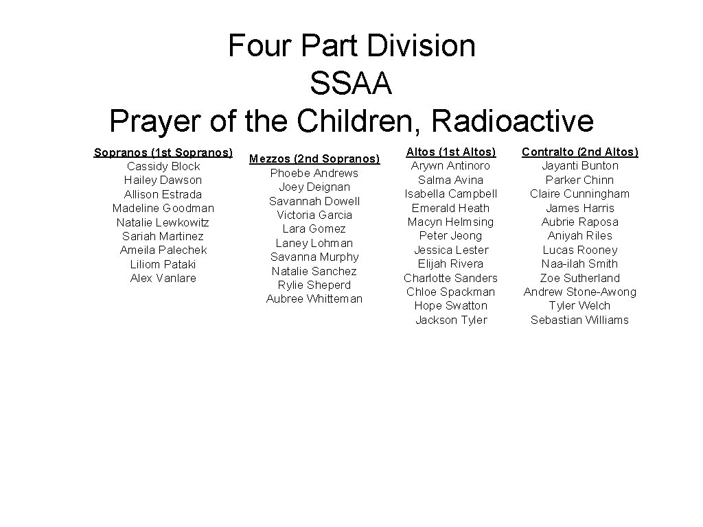 Four Part Division SSAA Prayer of the Children, Radioactive Sopranos (1 st Sopranos) Cassidy