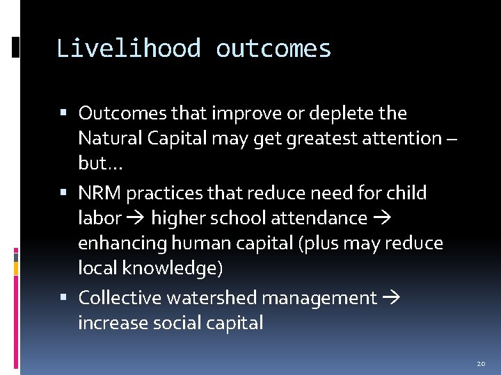 Livelihood outcomes Outcomes that improve or deplete the Natural Capital may get greatest attention
