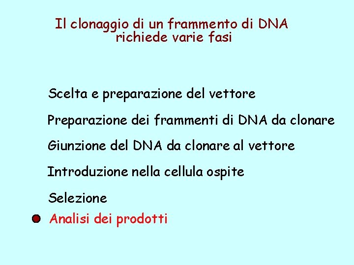 Il clonaggio di un frammento di DNA richiede varie fasi Scelta e preparazione del