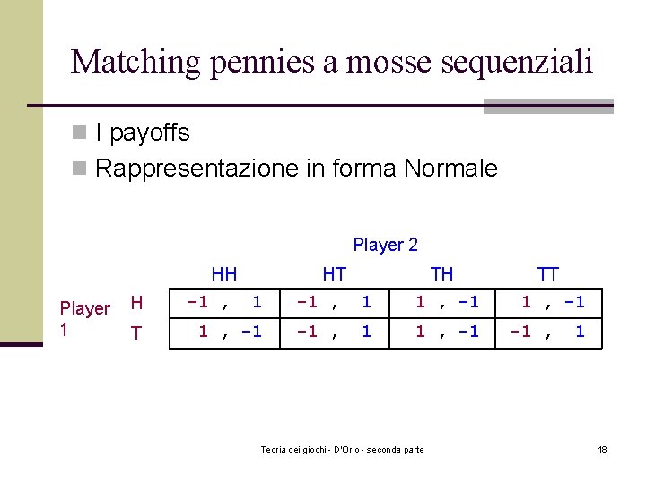 Matching pennies a mosse sequenziali n I payoffs n Rappresentazione in forma Normale Player