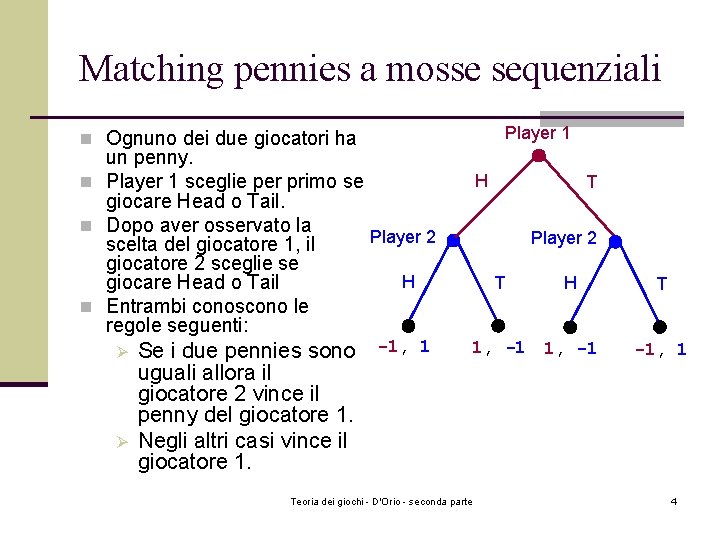 Matching pennies a mosse sequenziali Player 1 n Ognuno dei due giocatori ha un