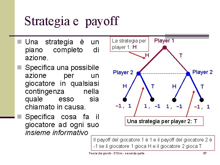 Strategia e payoff n Una strategia è un piano completo di azione. n Specifica