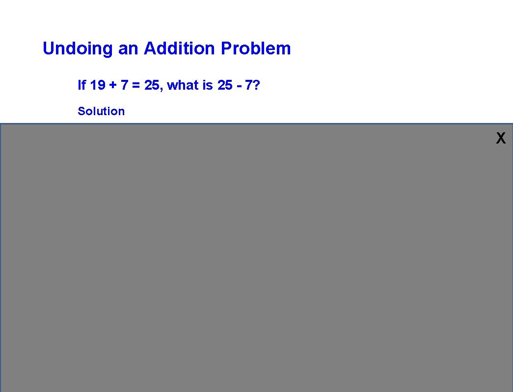 Undoing an Addition Problem If 19 + 7 = 25, what is 25 -