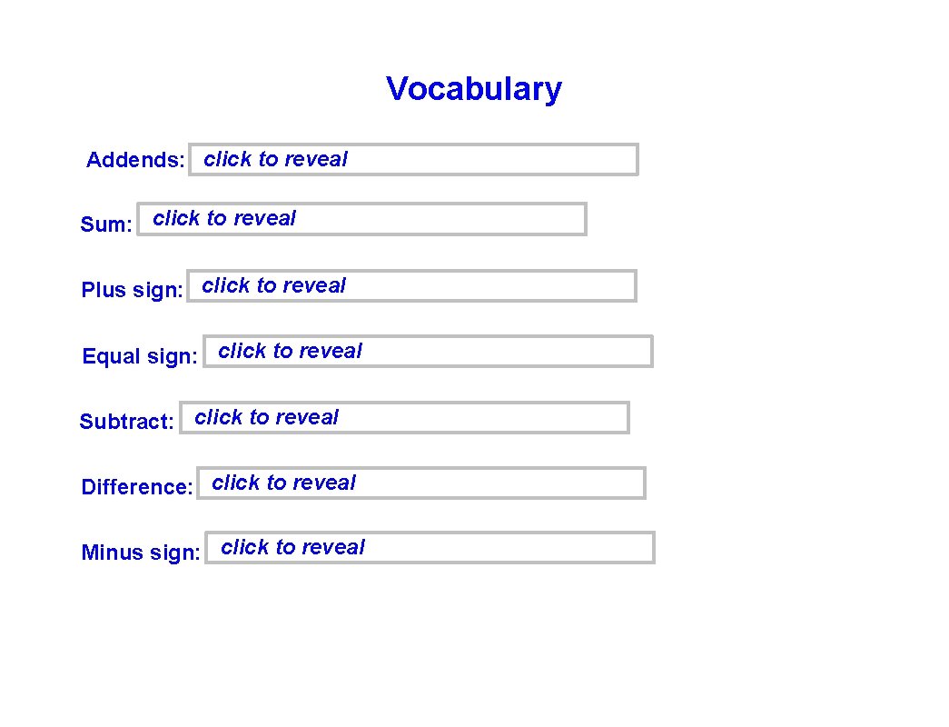 Vocabulary click to reveal Addends: Numbers you add clicktotal to reveal Sum: The after