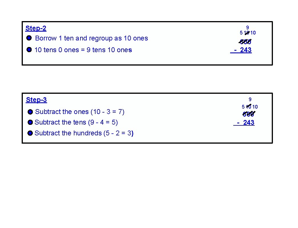 Step-2 Borrow 1 ten and regroup as 10 ones 10 tens 0 ones =